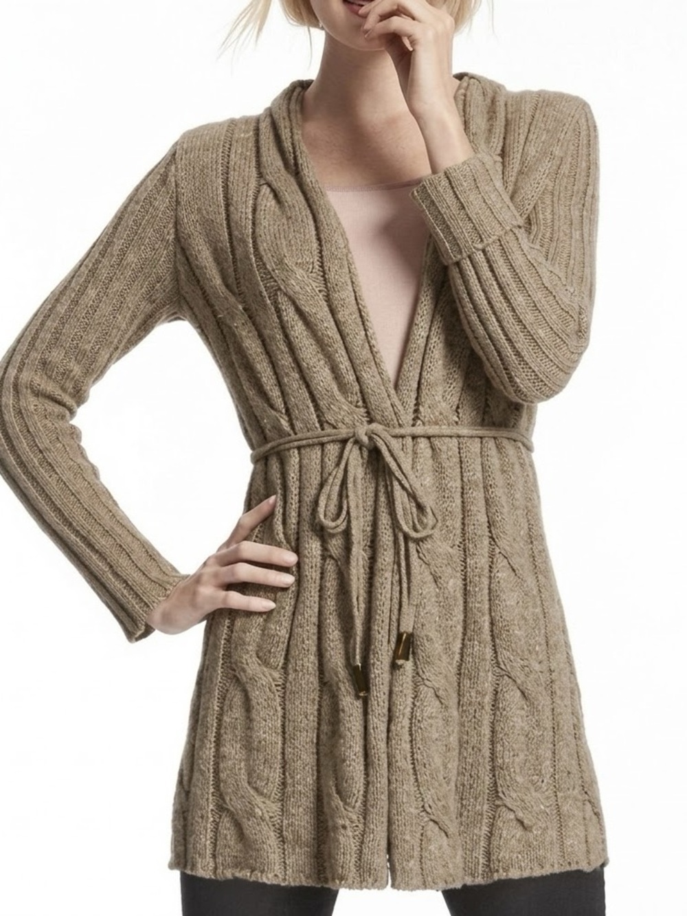 CAbi Acorn Cable Knit Belted Cardigan Sweater XS 591⁠